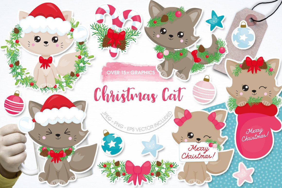 Christmas Cat Stickers: Simple Holiday Cat Clipart with Supporting Motifs original product preview