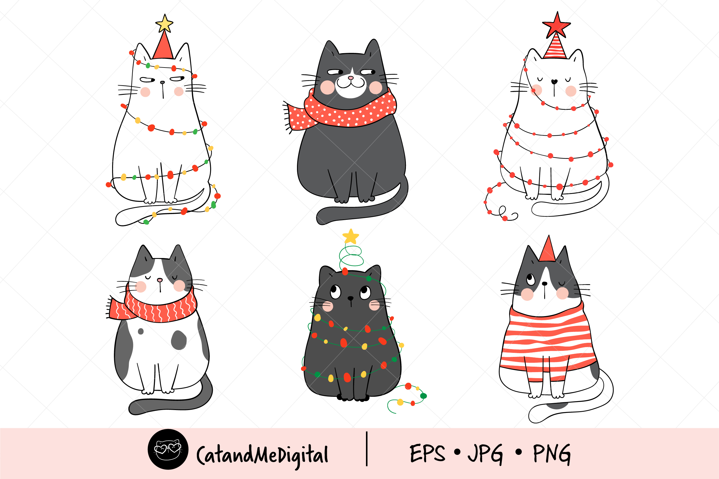 Christmas Cat Stickers: Minimal Holiday Cats with Editable EPS Artwork original product preview