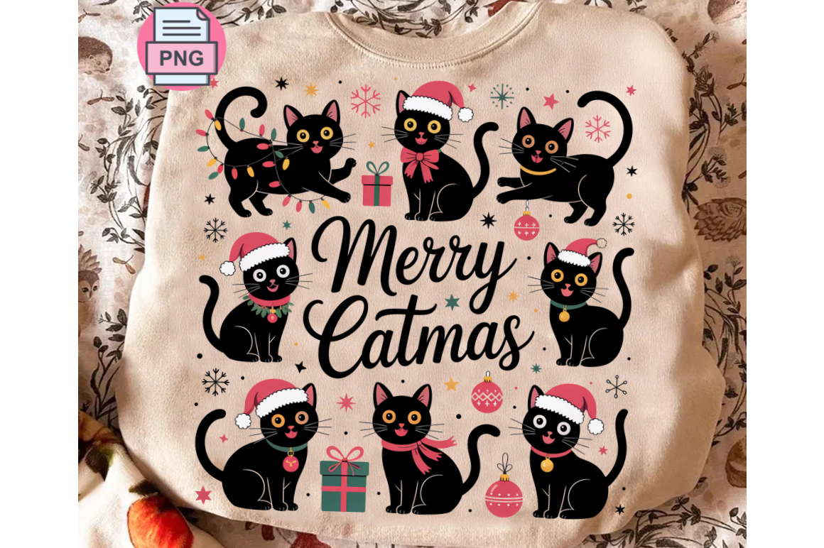 Christmas Cat Stickers: Merry Catmas Lettering with a Group of Black Cats original product preview