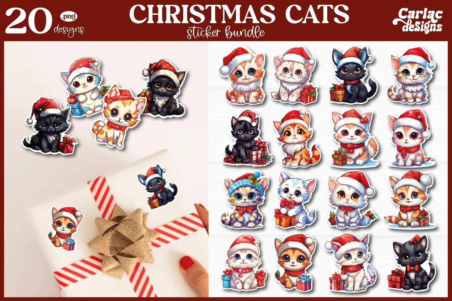 Christmas Cat Stickers: Twenty Santa-Hat Cats with White Sticker Borders original product preview