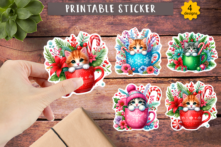 Christmas Cat Stickers: Christmas Kittens in Gift Mugs and Festive Frames original product preview