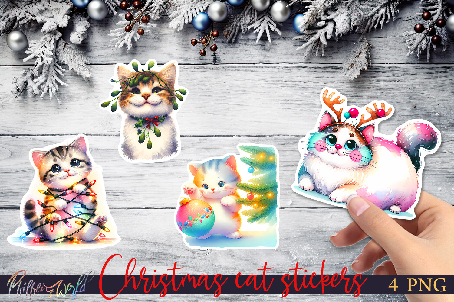 Christmas Cat Stickers: Watercolor Kittens with Lights, Ornaments and Antlers original product preview