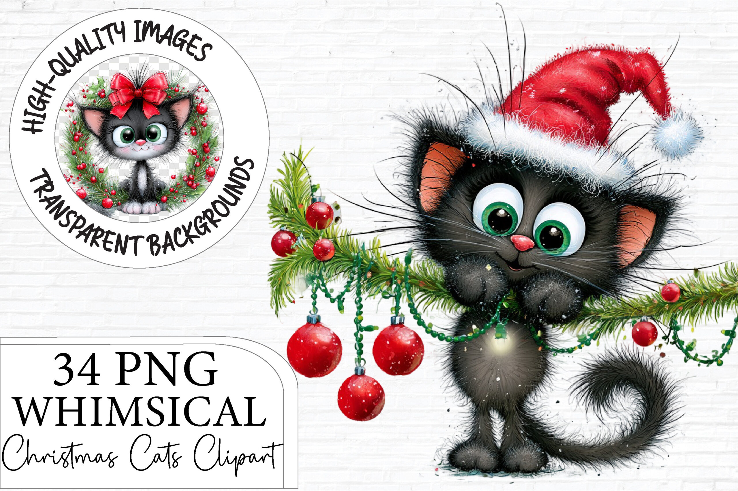 Christmas Cat Stickers: Whimsical Fluffy Cats in a Large Holiday PNG Bundle original product preview