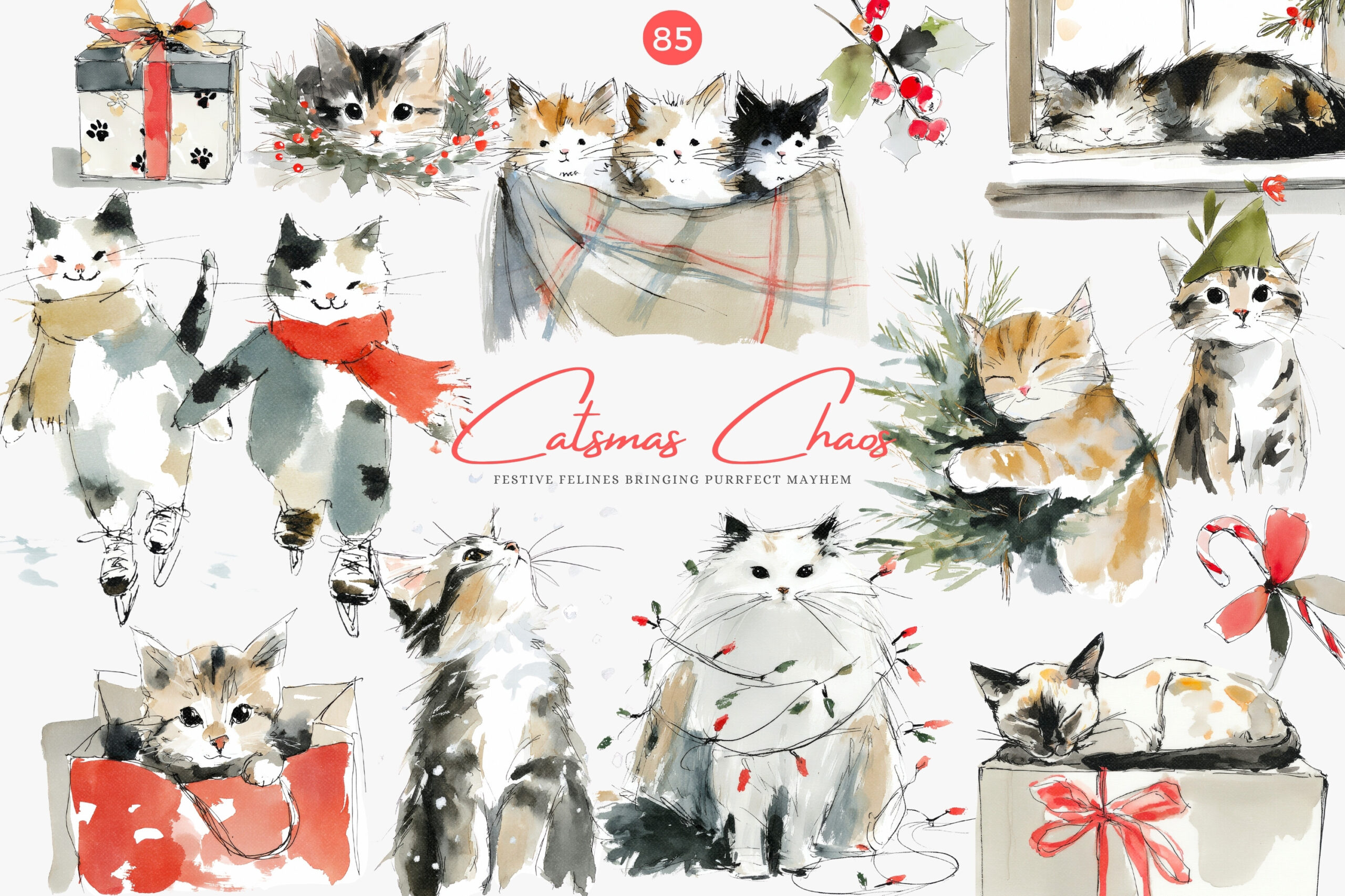 Christmas Cat Stickers: Large Watercolor Cat Collection for Custom Planner Scenes original product preview