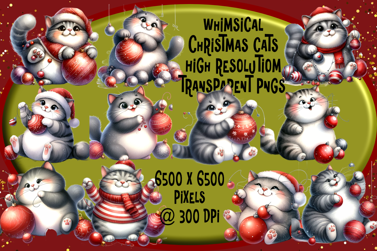 Christmas Cat Stickers: Fluffy Gray Cats Playing with Christmas Ornaments original product preview