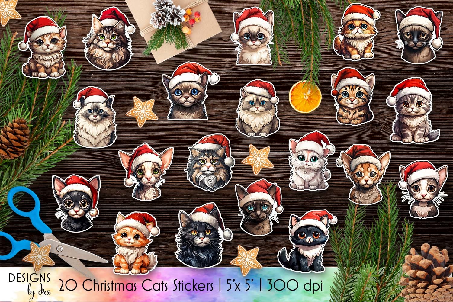 Christmas Cat Stickers: Santa Cats with Three Printable Sheet Arrangements original product preview