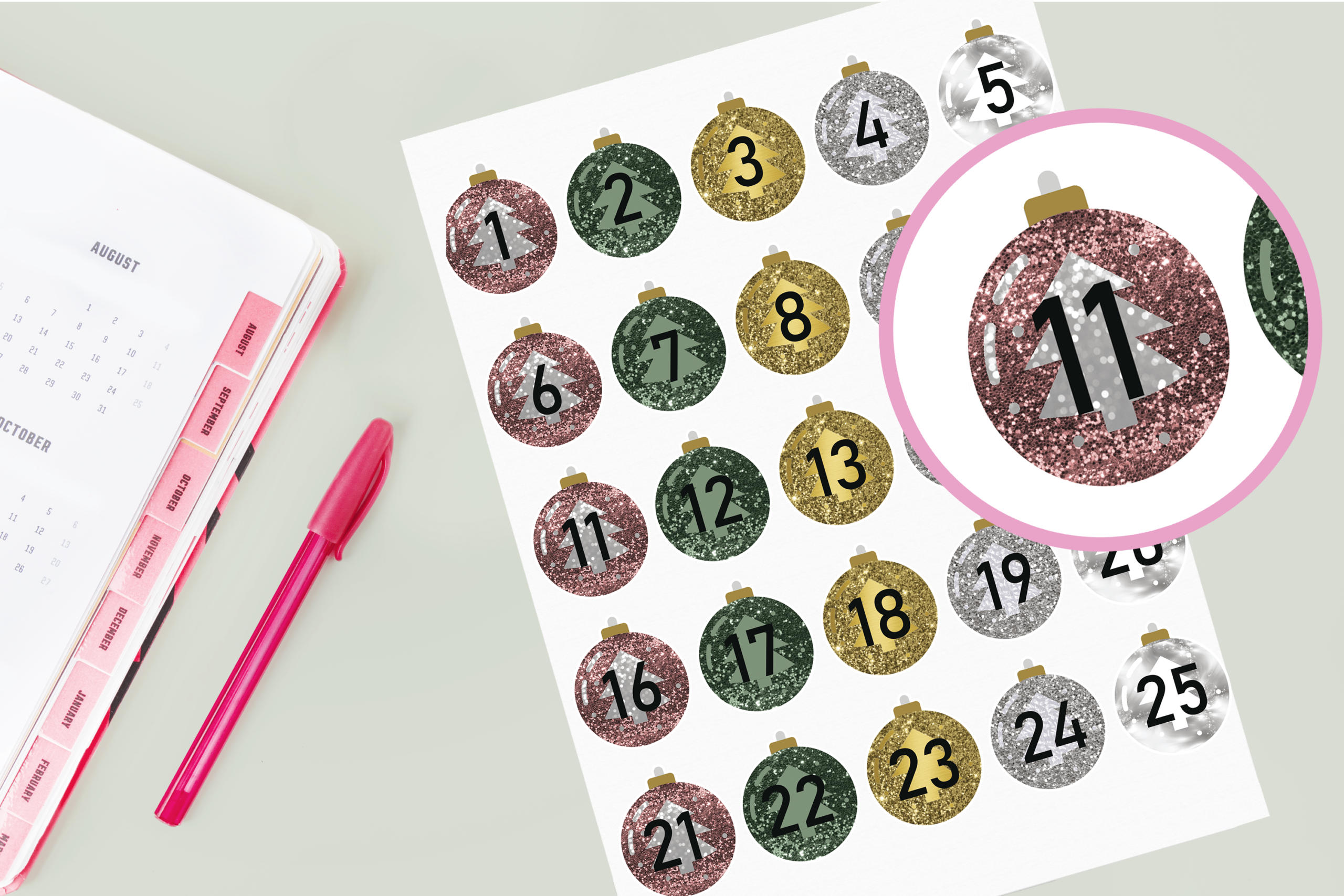 christmas countdown stickers: Transparent Bauble Countdown Artwork for Planner Pages original product preview
