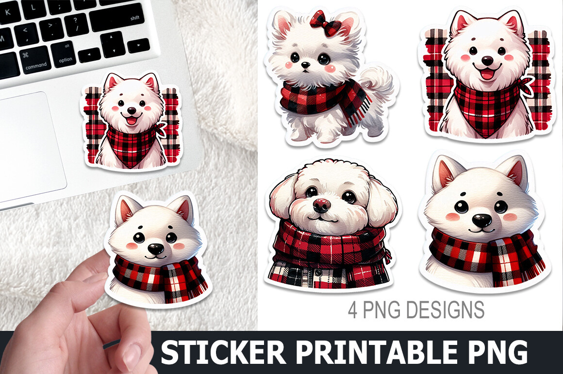 Christmas Dog Stickers: Four White Puppies in Plaid Holiday Accessories original product preview