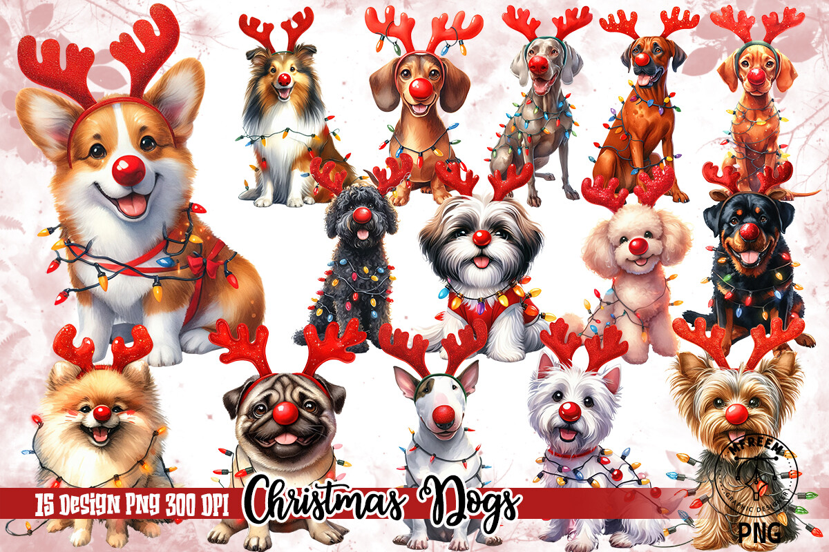 Christmas Dog Stickers: Festive Dog Group with Antlers and Red-Nose Details original product preview