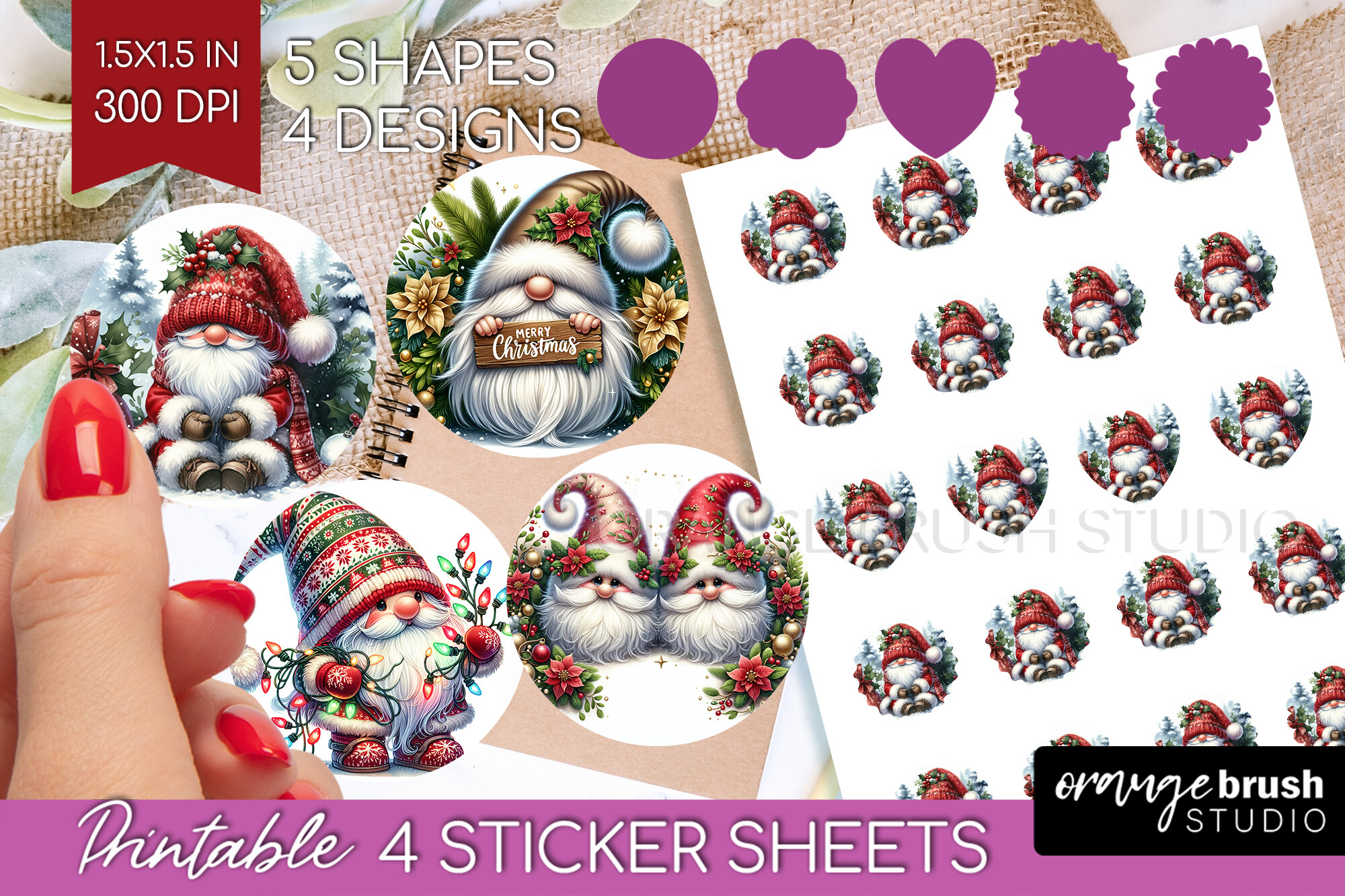 Christmas Gnome Stickers: Red-Hat Gnome Labels in Several Outline Shapes original product preview