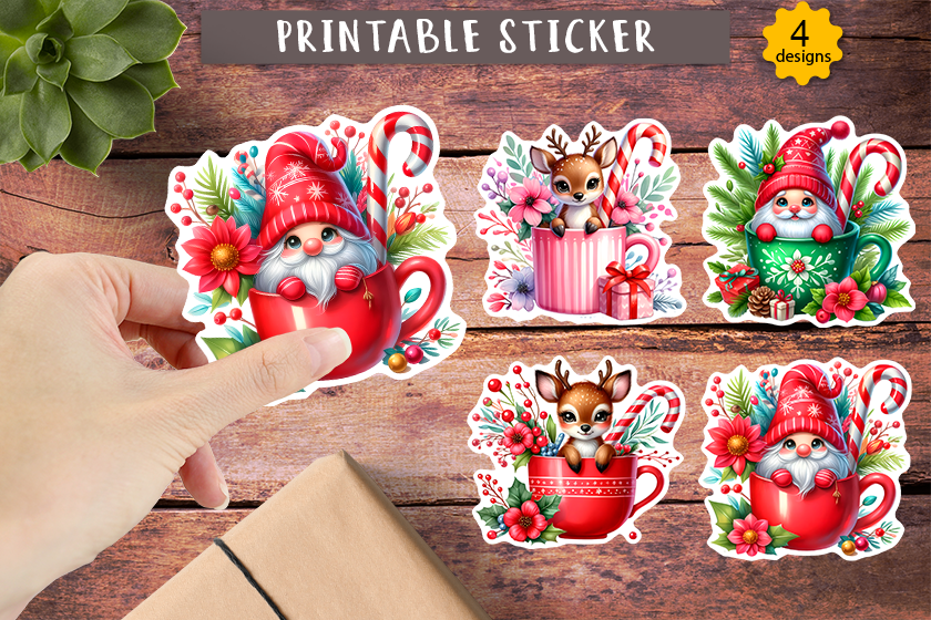 Christmas Gnome Stickers: Mixed Gnome and Deer Holiday Mug Stickers original product preview