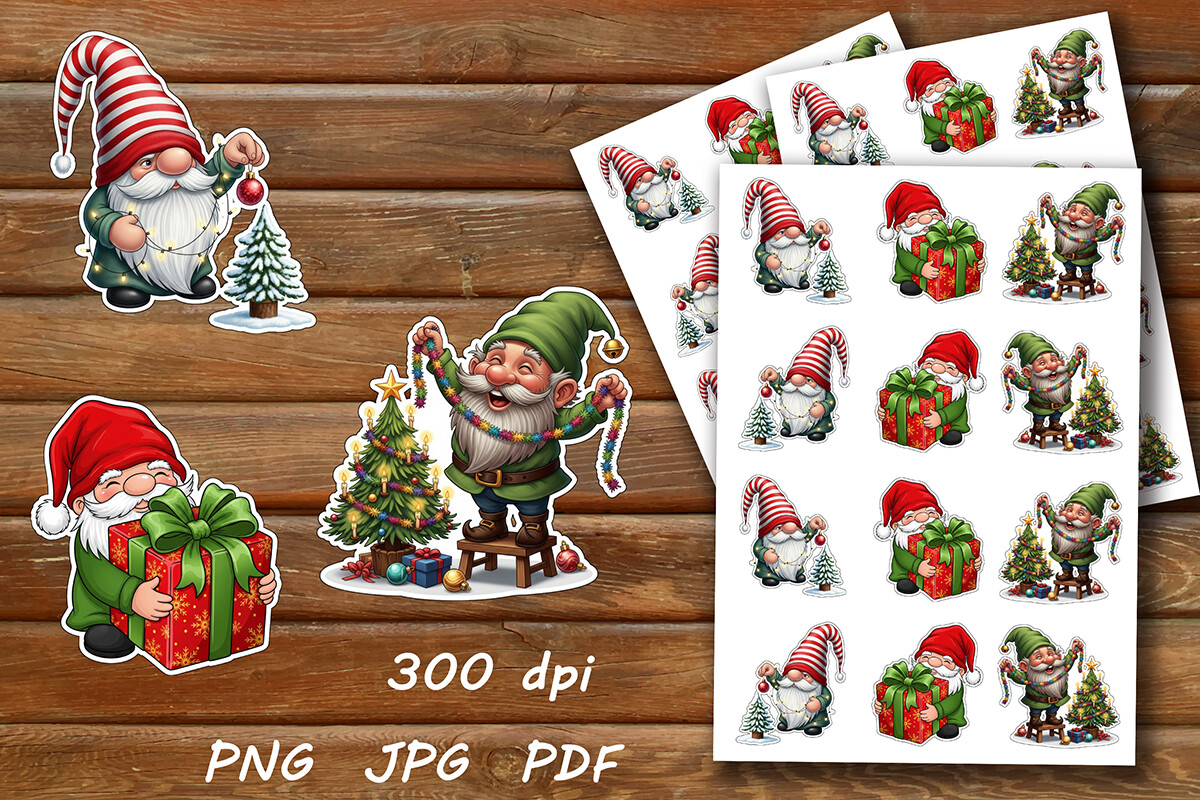 Christmas Gnome Stickers: Detailed Gnome Scenes with Mirrored Sheet Versions original product preview