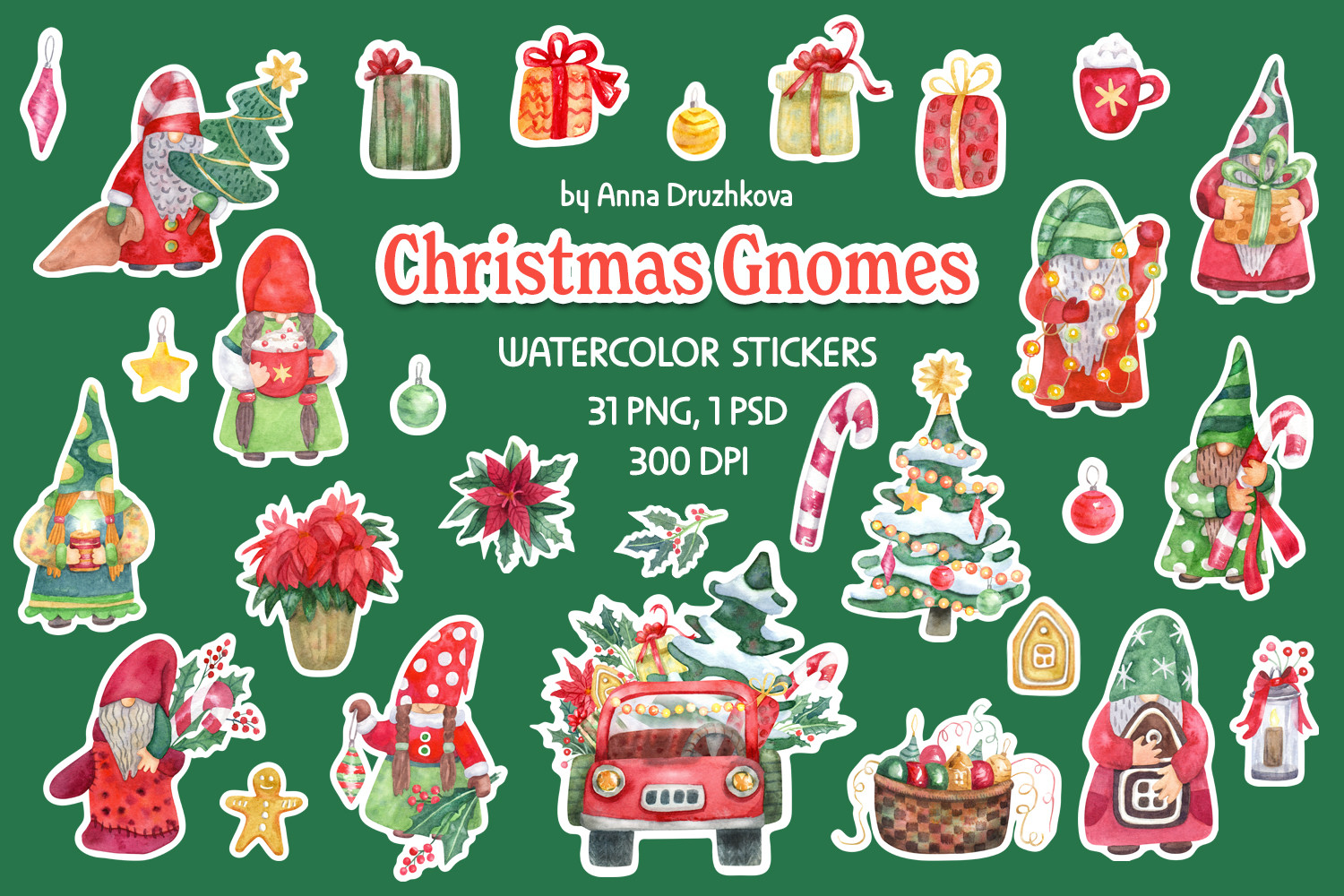 Christmas Gnome Stickers: Mixed Watercolor Gnomes and Holiday Decorations original product preview