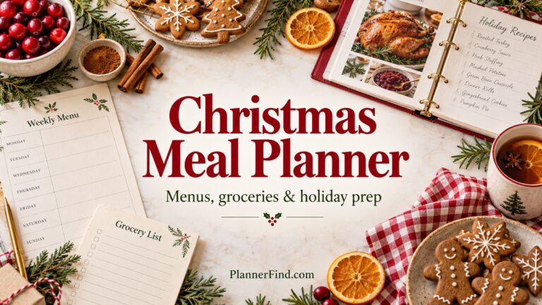 Christmas meal planner with menus, grocery lists and festive kitchen items