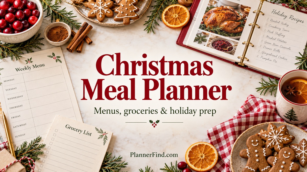 Christmas meal planner with menus, grocery lists and festive kitchen items