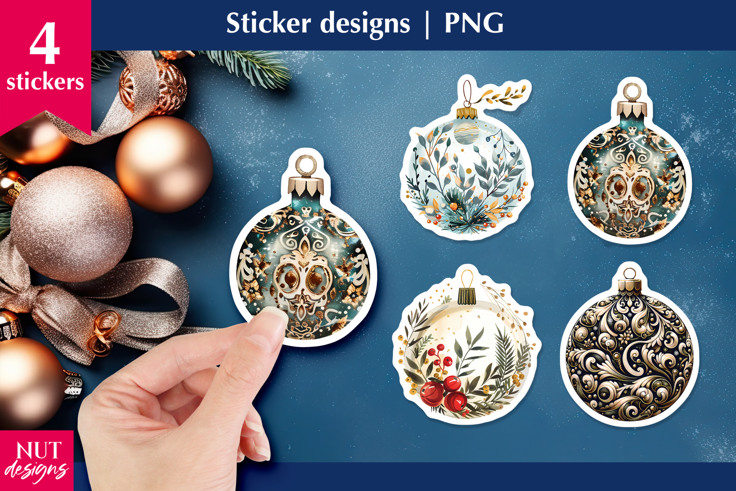 Christmas Ornament Stickers: Four Botanical and Patterned Ornament Stickers original product preview