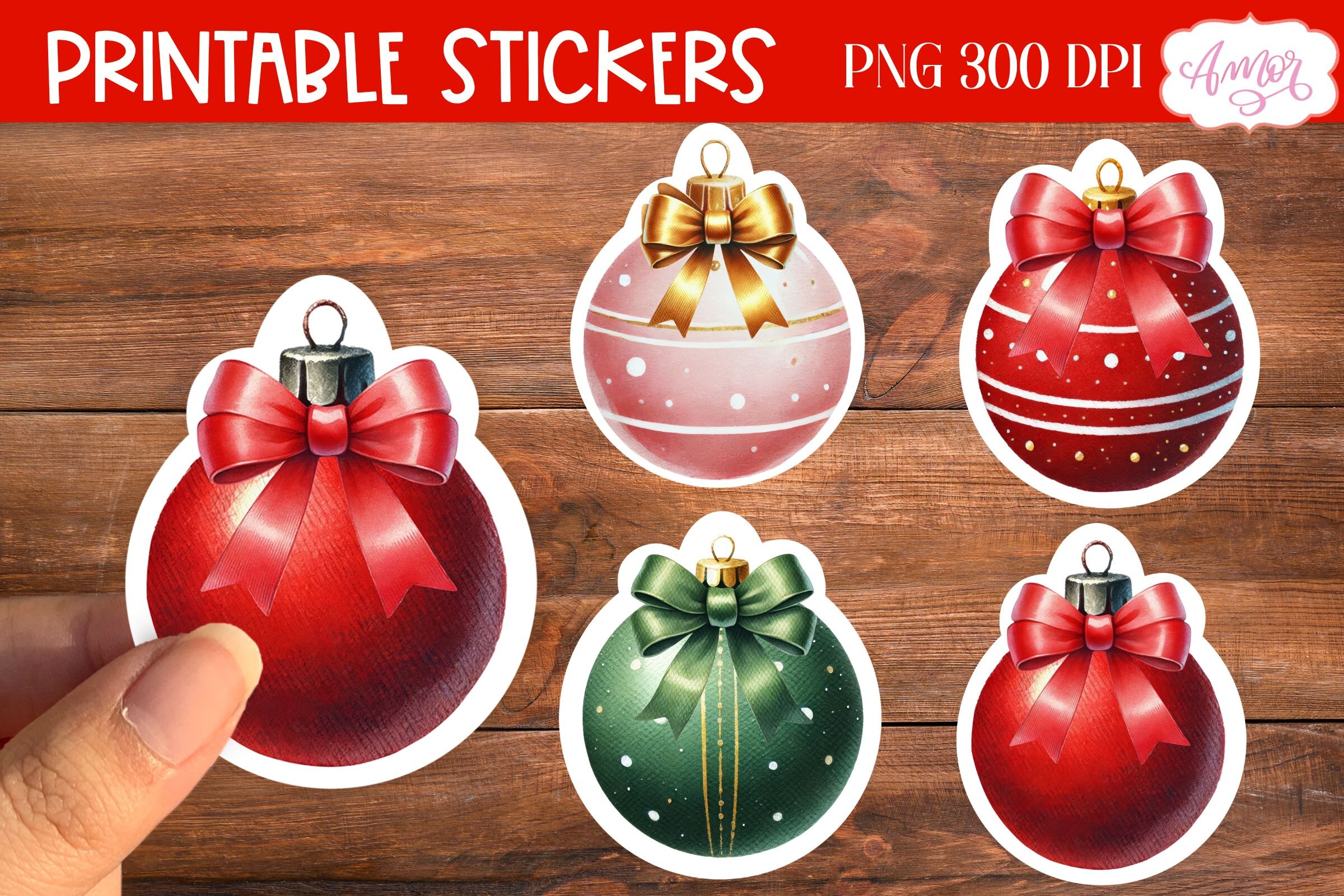 Christmas Ornament Stickers: Four Bow-Topped Baubles with White Borders original product preview