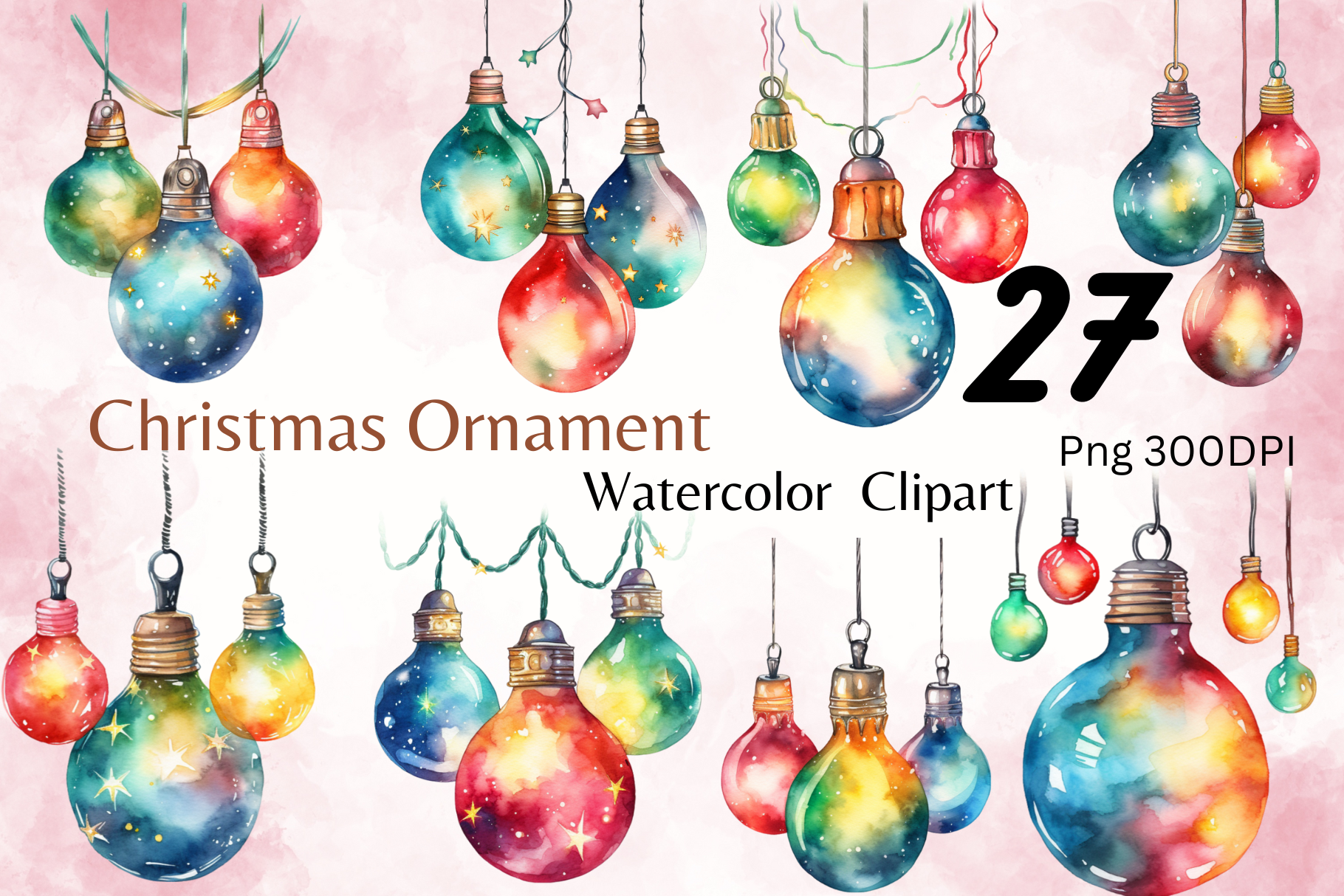 Christmas Ornament Stickers: Twenty-Seven Colorful Watercolor Bauble PNGs original product preview