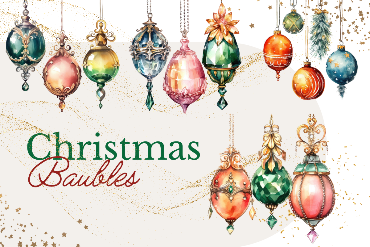 Christmas Ornament Stickers: Ornate Watercolor Baubles in Four PNG Files original product preview