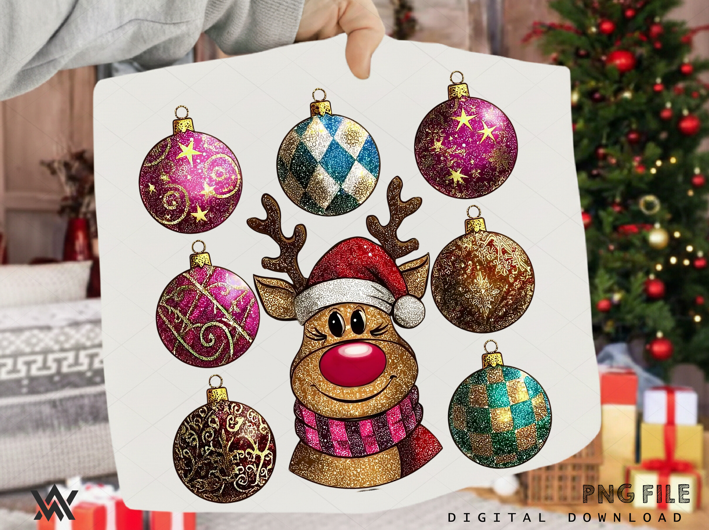 Christmas Ornament Stickers: A Single Ornament-and-Reindeer PNG Composition original product preview