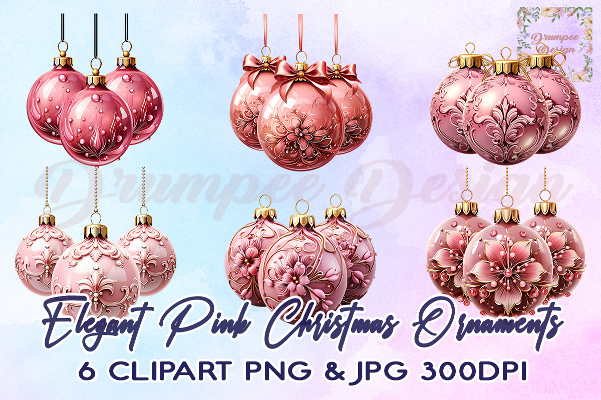 Christmas Ornament Stickers: Detailed Pink Baubles in PNG and JPEG original product preview