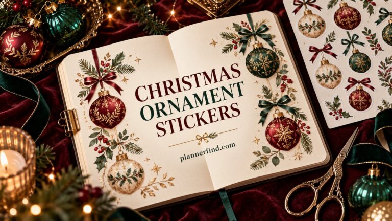 Christmas Ornament Stickers with realistic themed planner pages and stationery
