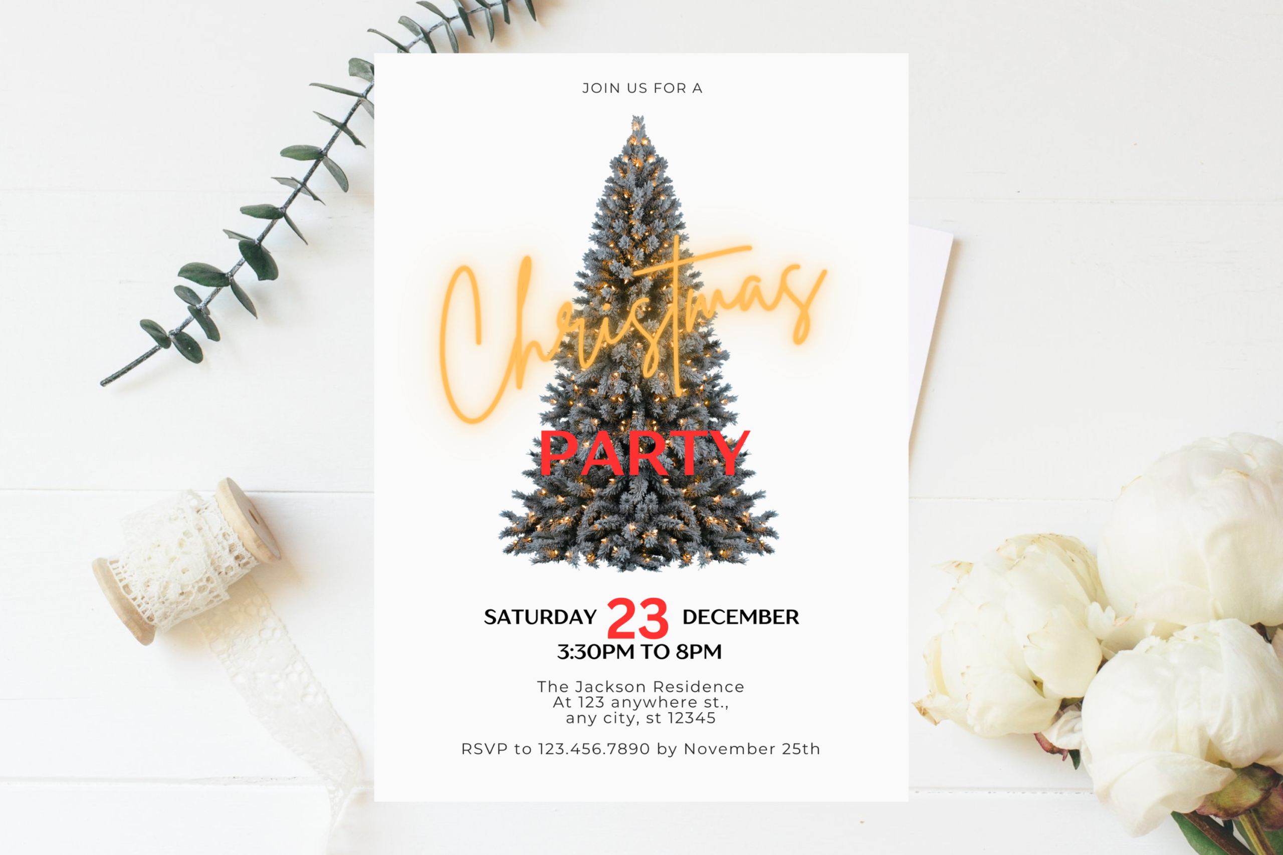 Christmas Invitation Templates: Lighted Christmas Tree Invitation with a Two-Up Print Layout original product preview