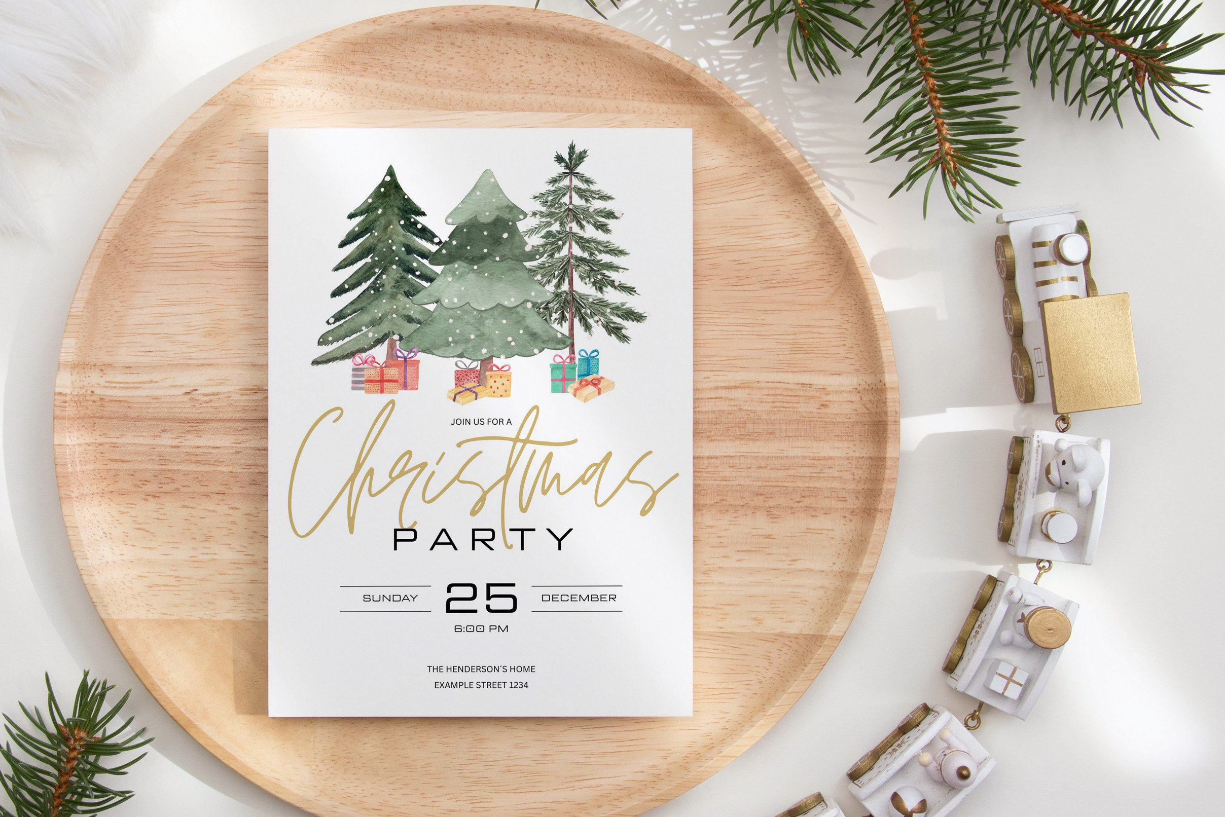 Christmas Invitation Templates: Watercolor Trees and Gifts on a Clear Canva Party Card original product preview
