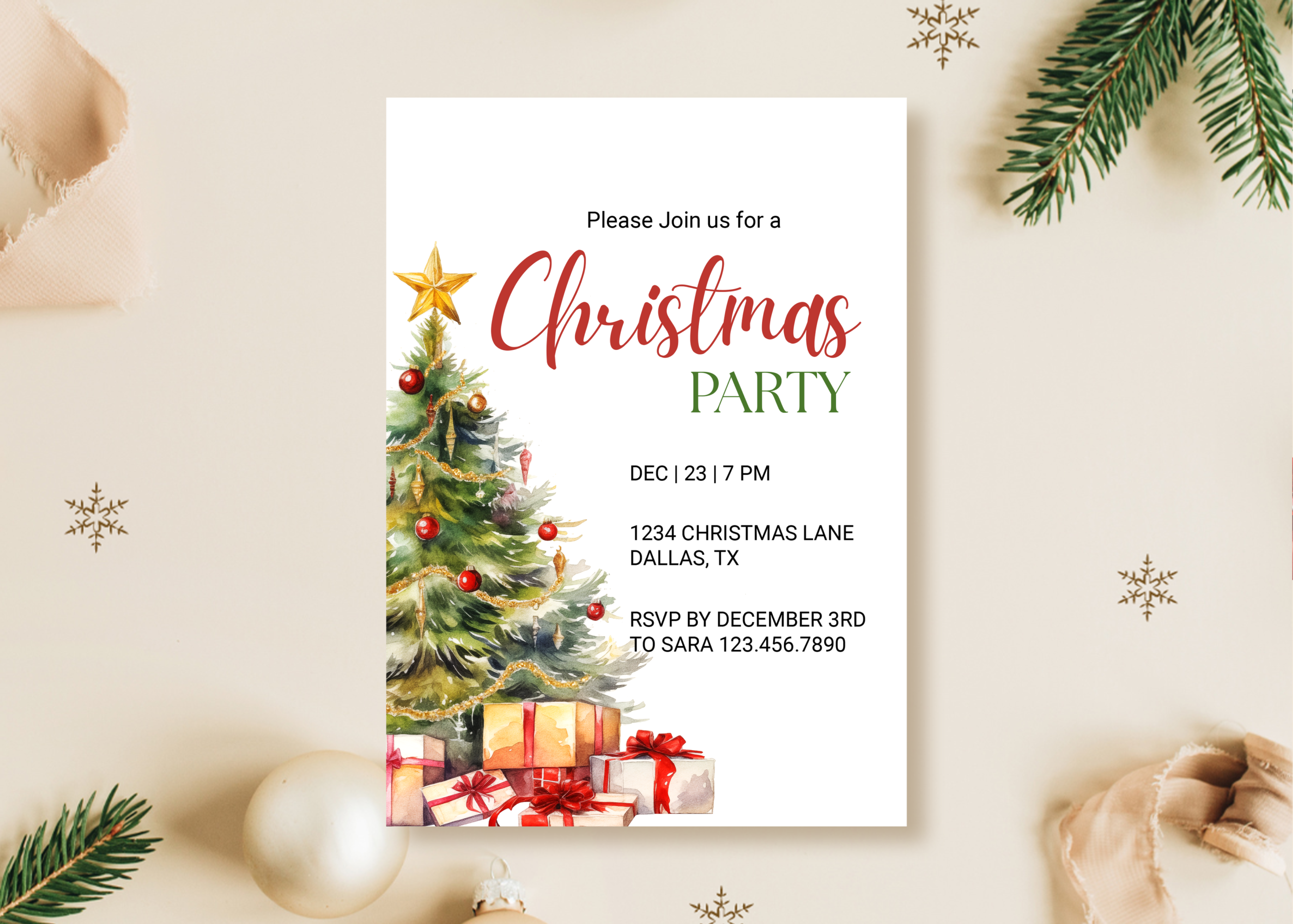Christmas Invitation Templates: Traditional Tree Invitation with Canva and Photoshop Files original product preview