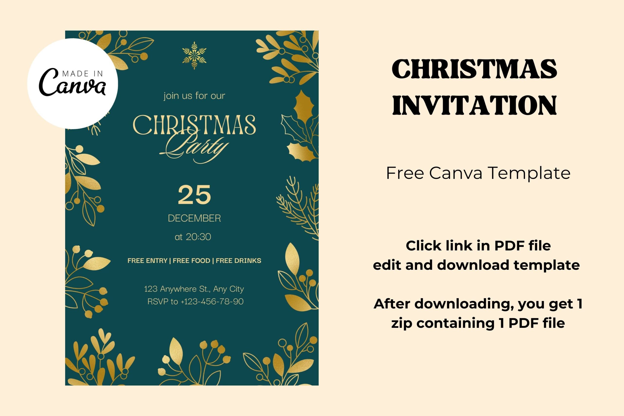 Christmas Invitation Templates: Deep Green Invitation with Gold-Style Botanical Edges original product preview