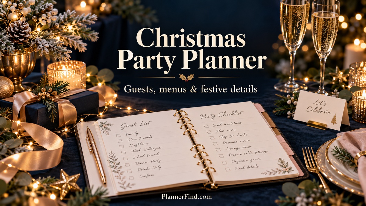 Christmas party planner with guest list and festive table decor