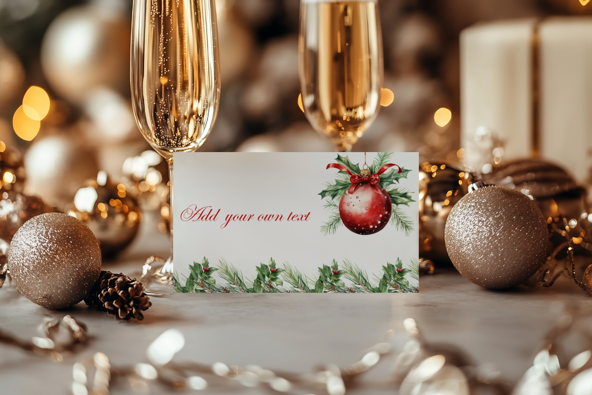 Christmas Place Cards: Red Bauble and Evergreen Canva Name Cards original product preview