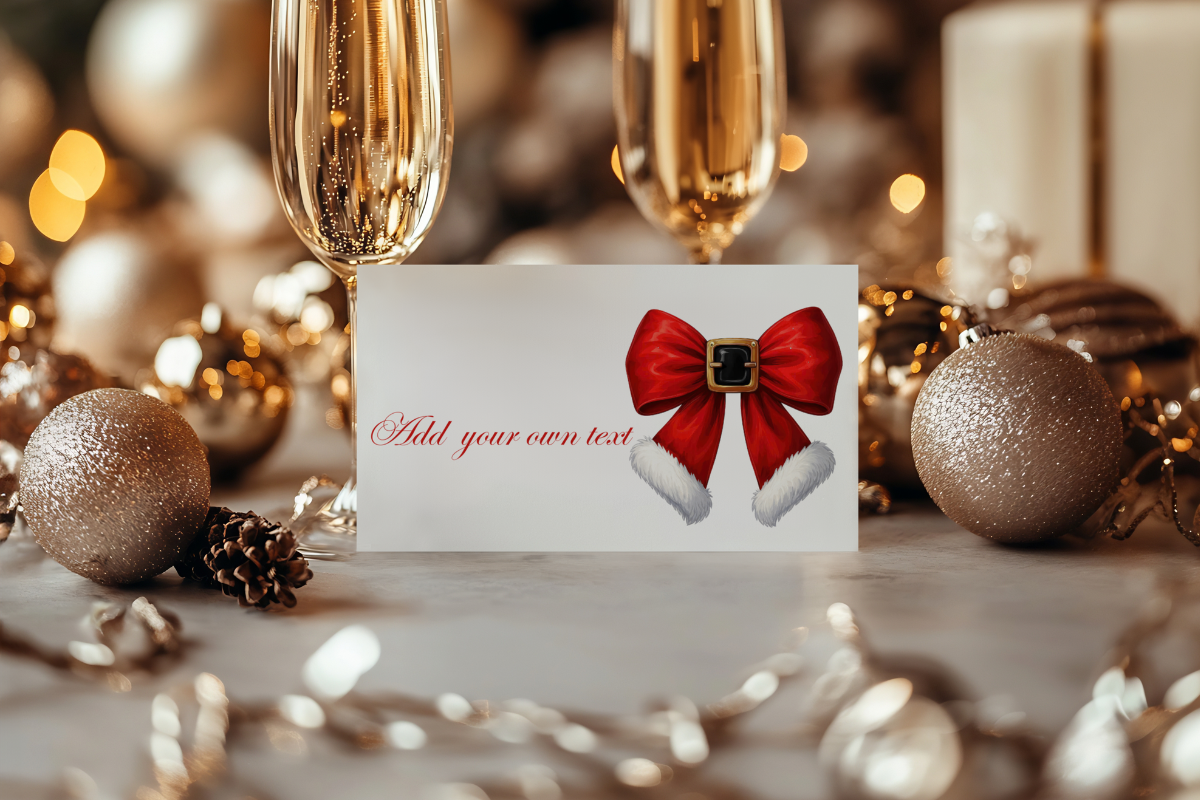Christmas Place Cards: A Red Bow and Santa-Hat Motif with Editable Names original product preview