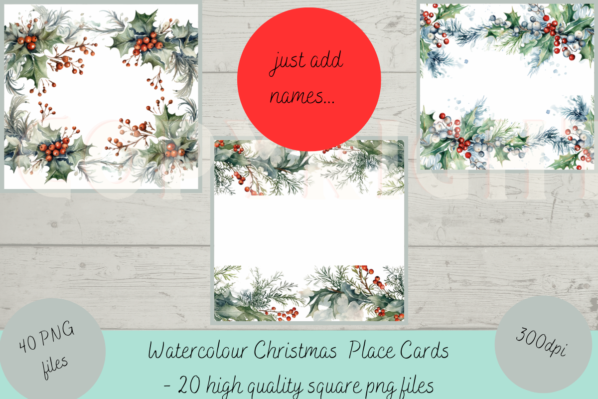 Christmas Place Cards: Forty Watercolor Card PNGs in Folded and Square Layouts original product preview