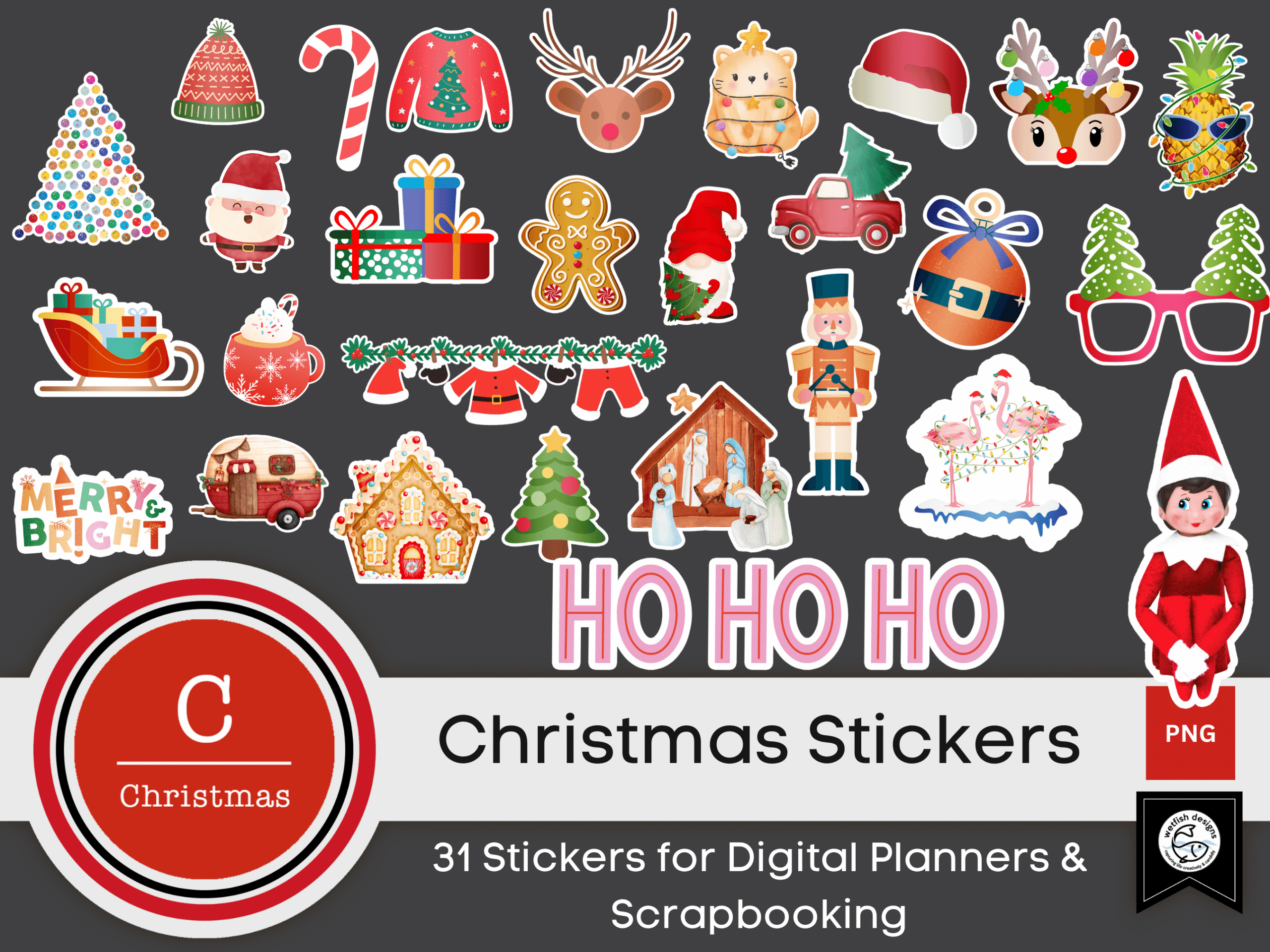 Christmas Planner Stickers: 31 Digital Christmas Planner Stickers by Wetfish Designs