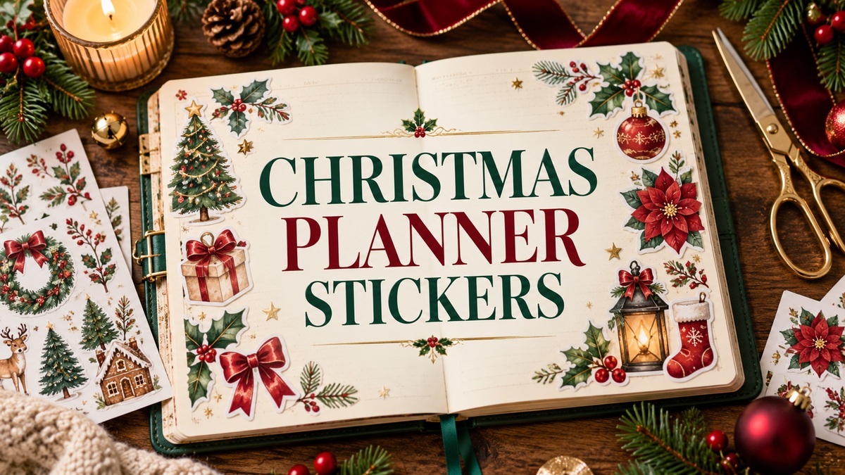 Christmas Planner Stickers on a festive planner workspace