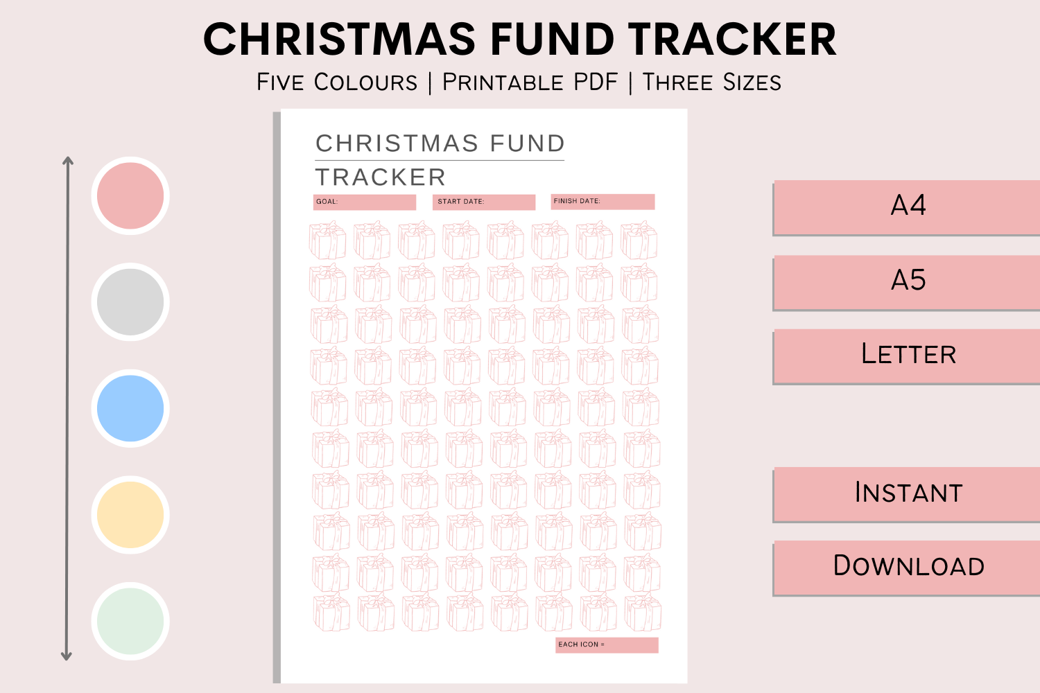 christmas savings challenge: Five-Color Christmas Fund Tracker for Three Sheet Sizes original product preview