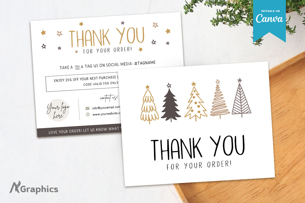 Christmas Thank You Cards: Neutral Christmas Trees on a Compact Canva Card original product preview