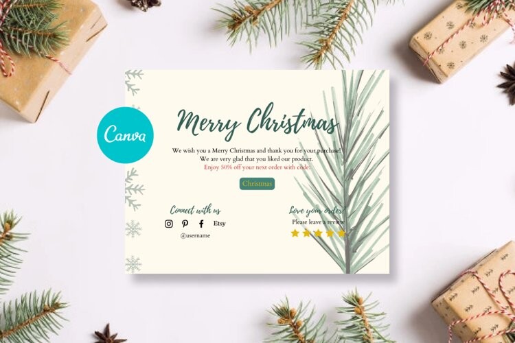 Christmas Thank You Cards: Long Pine Sprigs Around a Light Canva Insert original product preview