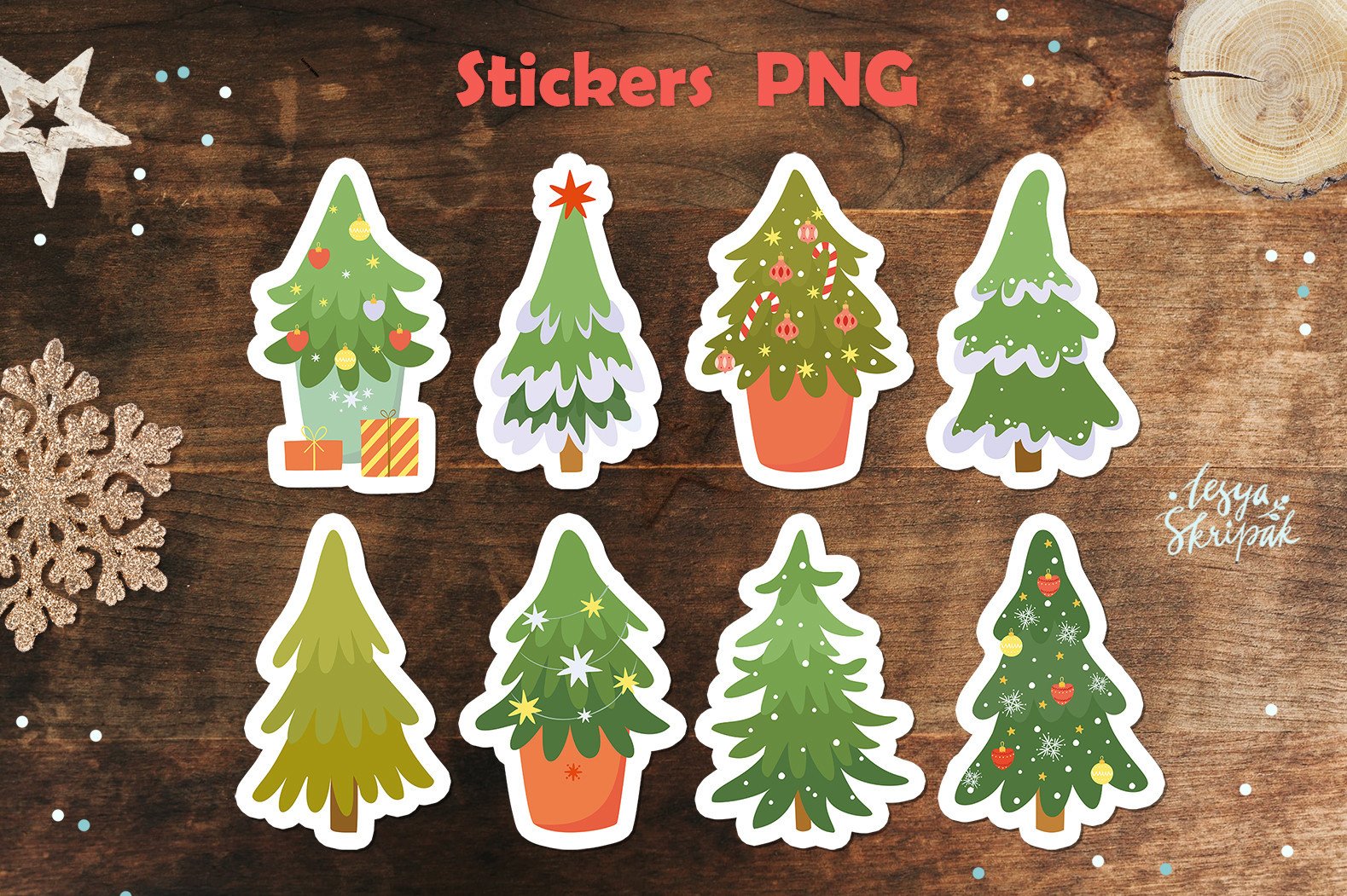 Christmas Tree Stickers: Eight Illustrated Trees with Grouped Preview Files original product preview