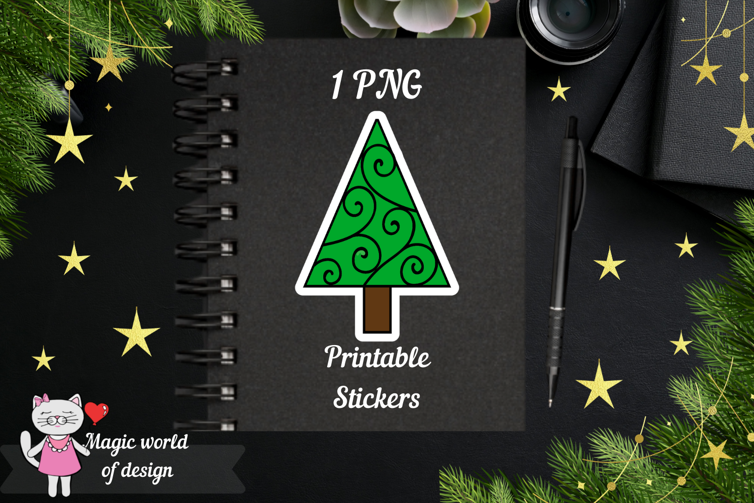 Christmas Tree Stickers: Single Swirled Tree with a White Border original product preview
