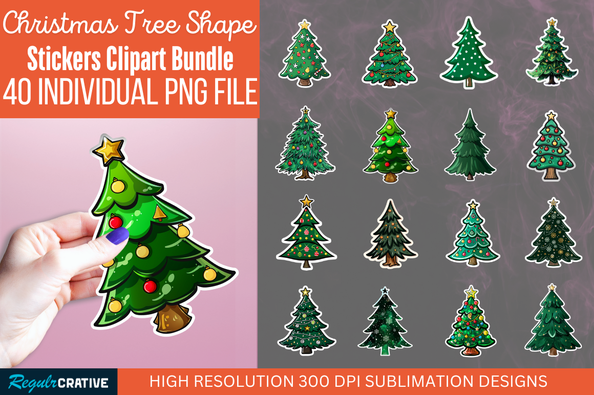 Christmas Tree Stickers: Tree-Shaped PNG Clipart Bundle original product preview