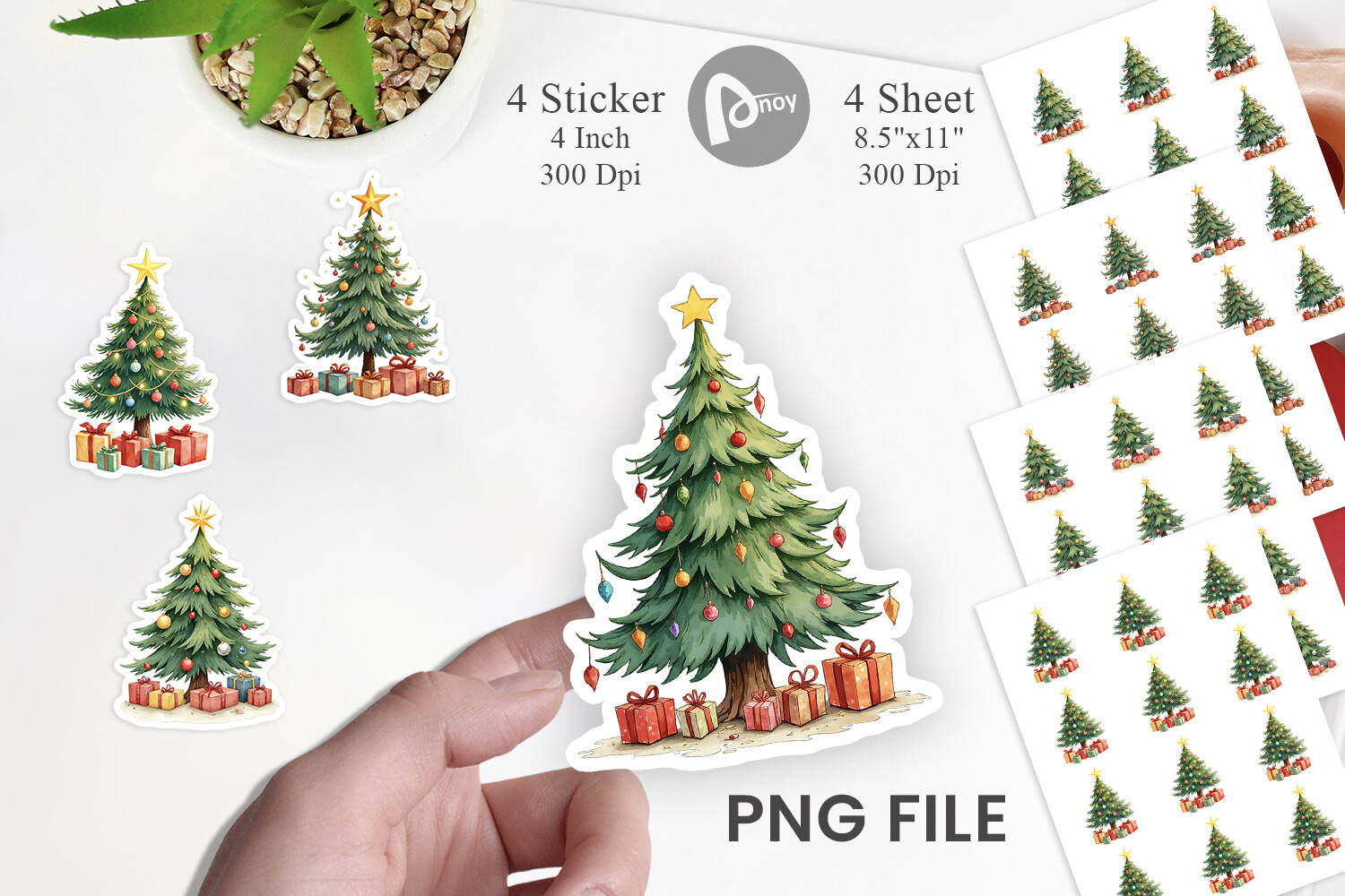 Christmas Tree Stickers: Four Watercolor Stickers with Premade PNG Sheets original product preview