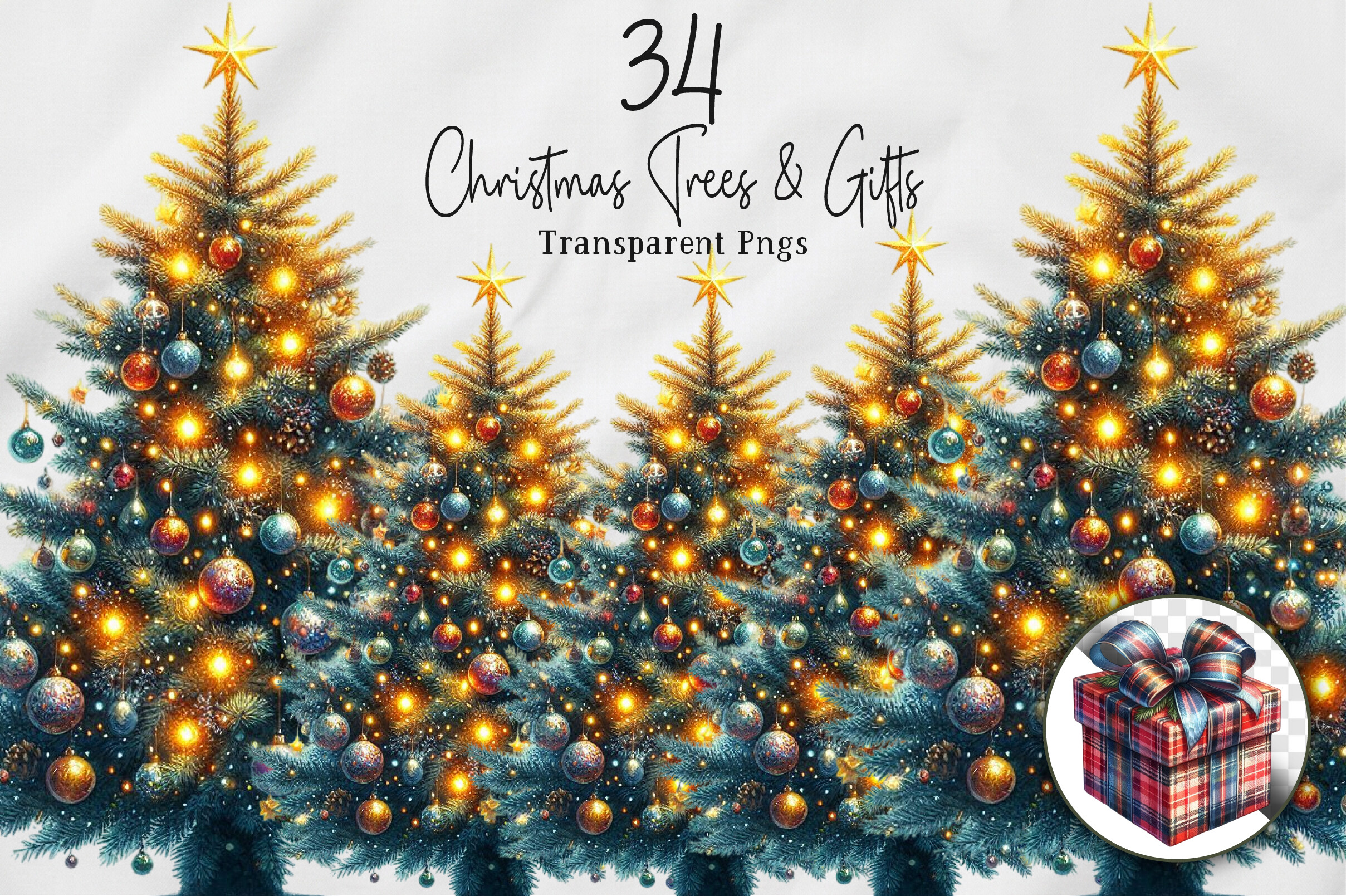 Christmas Tree Stickers: Thirty-Four Tree and Gift PNG Illustrations original product preview