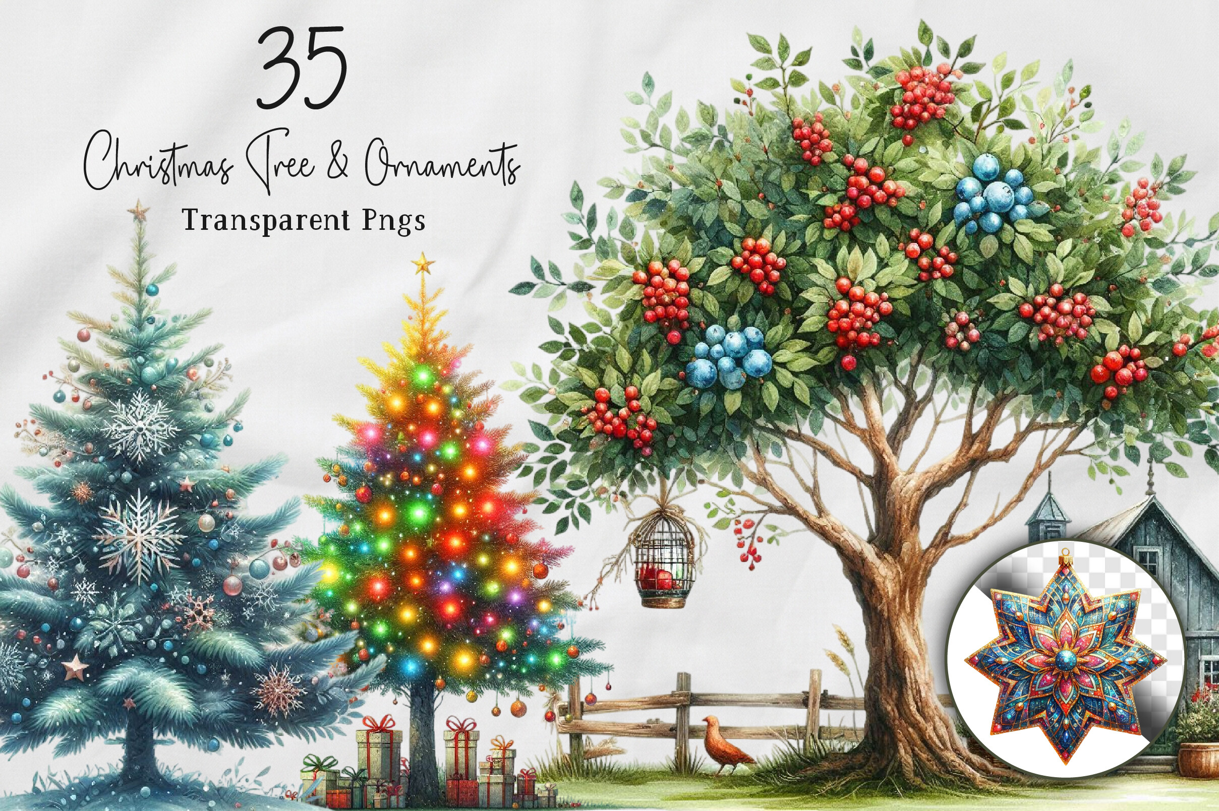 Christmas Tree Stickers: Thirty-Five Tree and Ornament PNG Assets original product preview