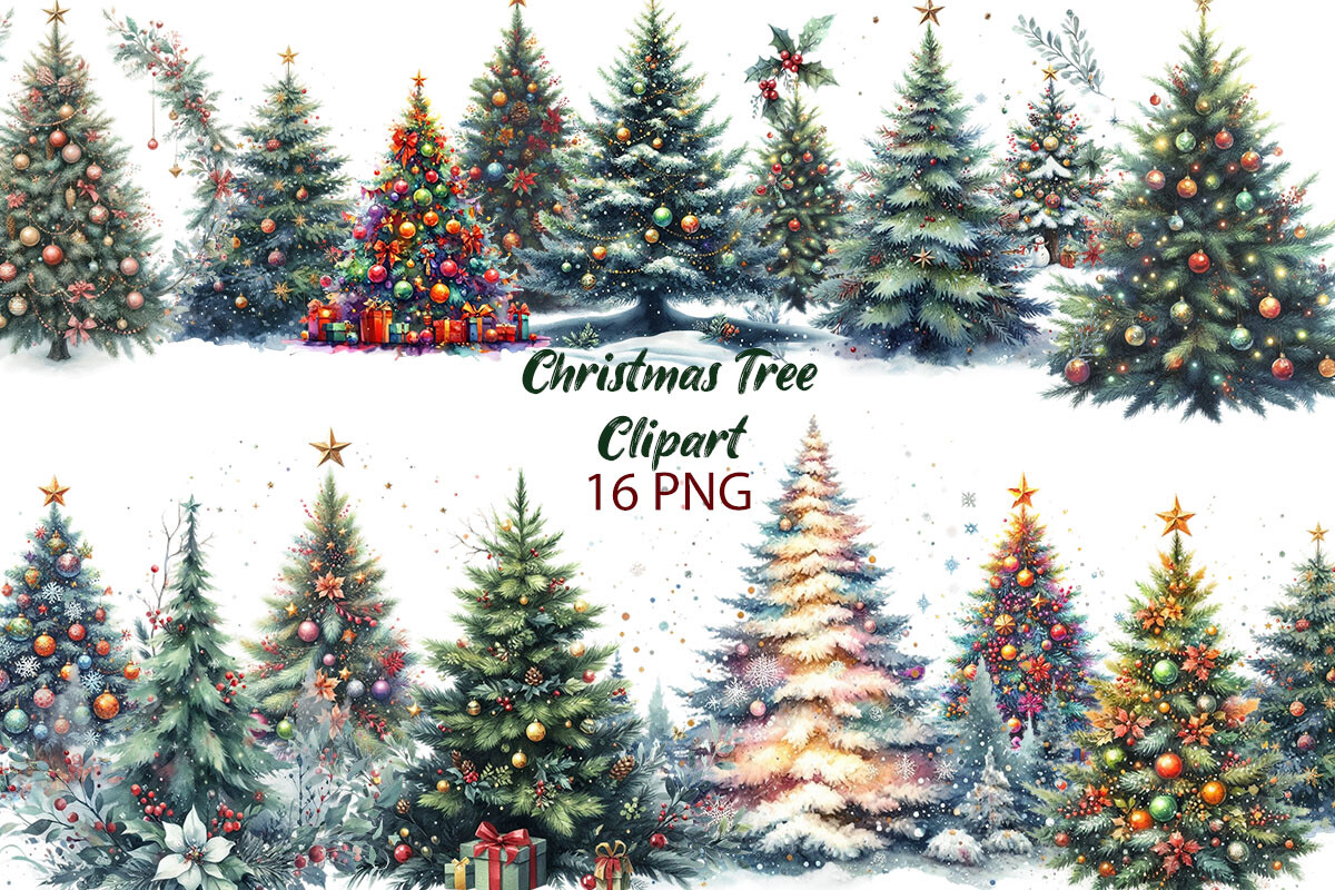 Christmas Tree Stickers: Sixteen Detailed Decorated Tree PNGs original product preview
