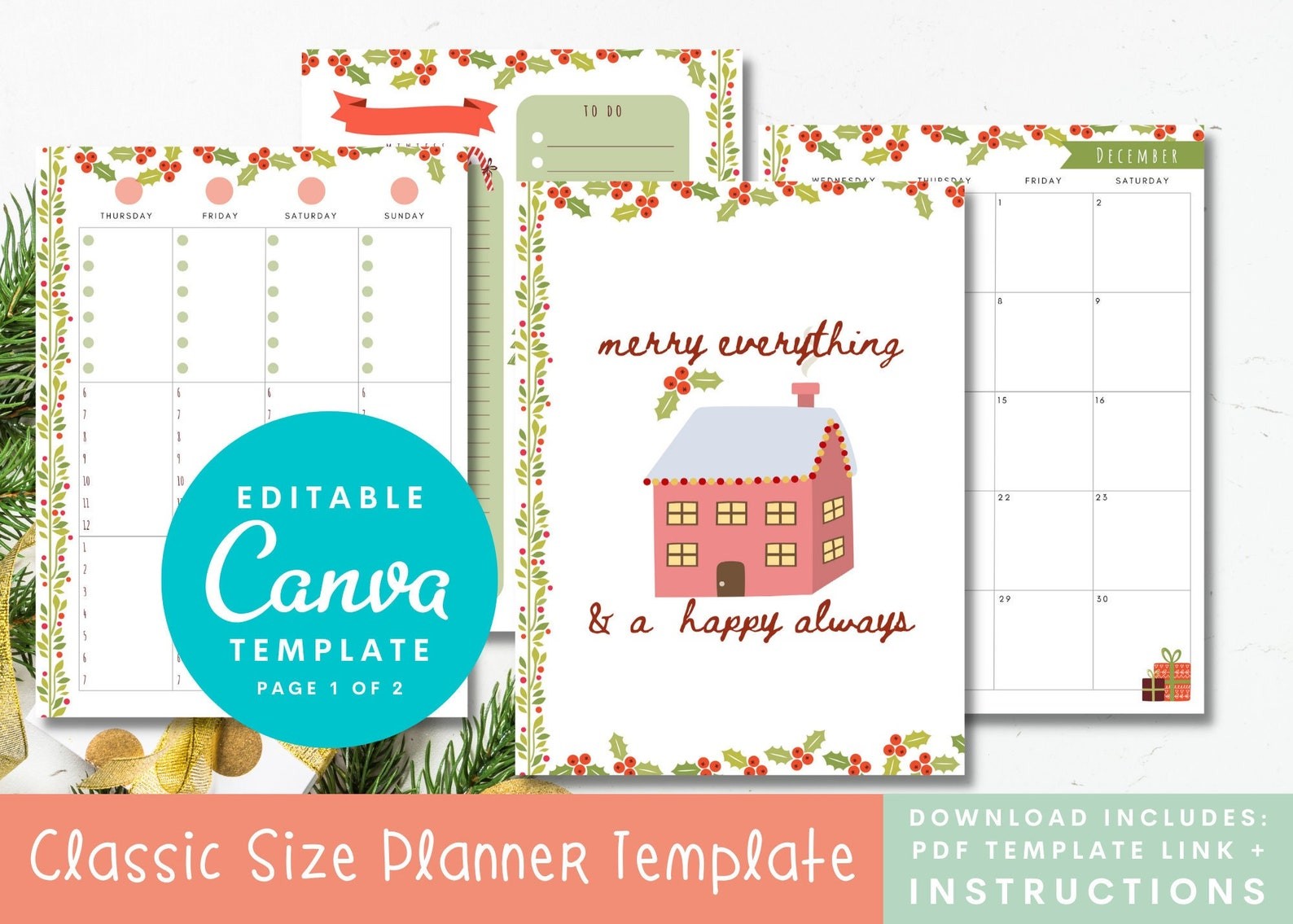 christmas weekly planner: Editable Classic-Size Christmas Inserts with Five Weekly Views original product preview