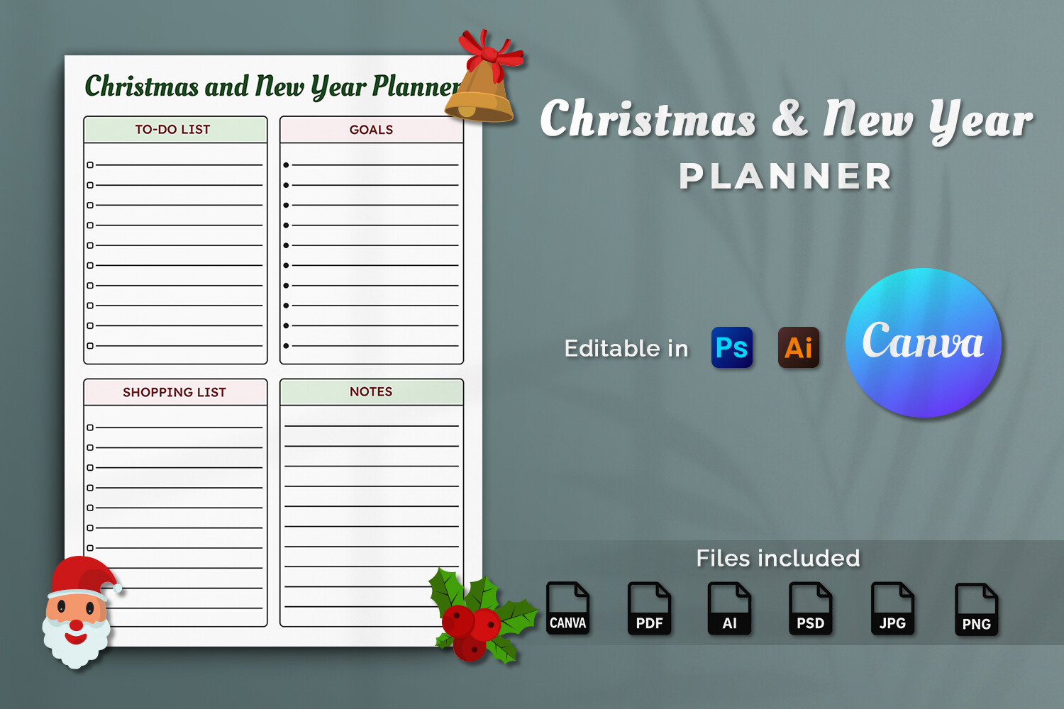 christmas weekly planner: A4 Seasonal Scheduling Template with Canva, AI and PSD Files original product preview