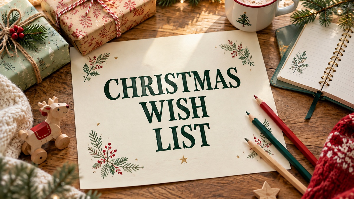 christmas wish list with realistic planner and thematic stationery