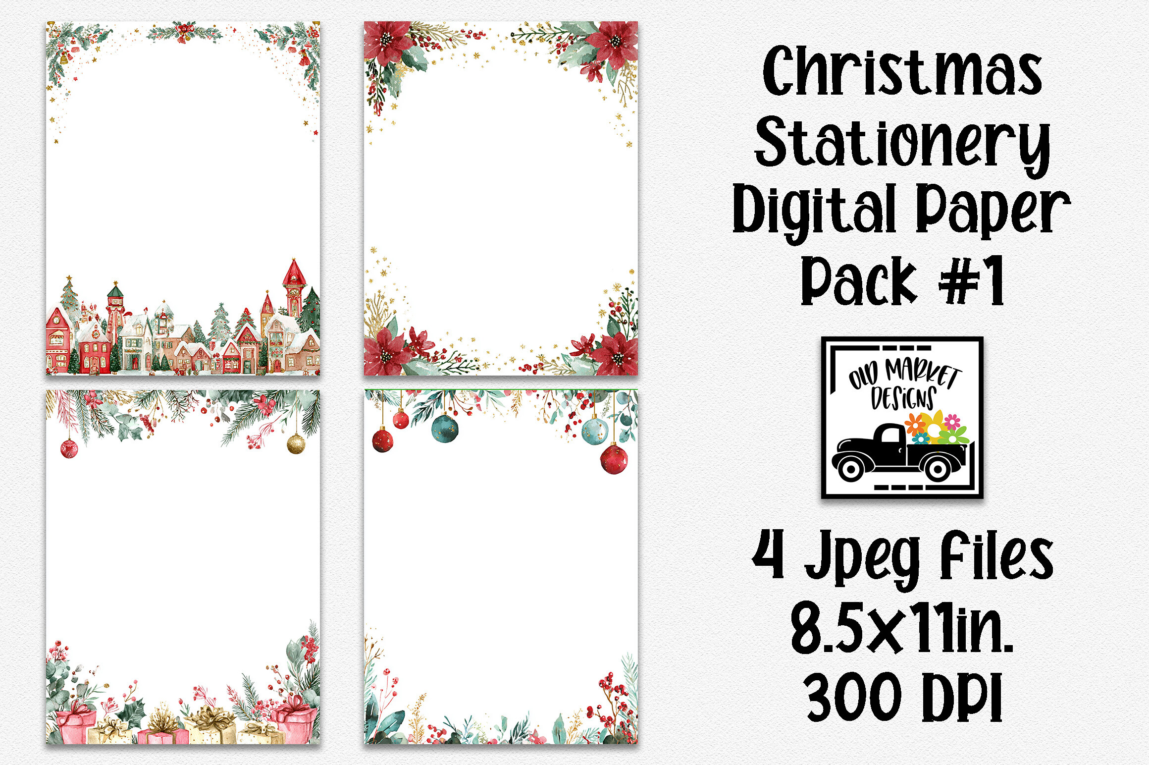 Christmas Writing Paper: Four Watercolor Letterheads with Village and Floral Edges original product preview